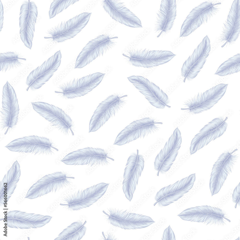Feathers seamless pattern vector illustration. Cartoon isolated white feathers of swan or goose bird for soft pillow and healthy sleep in bed, romantic fluffy lightweight plumage from wings flying
