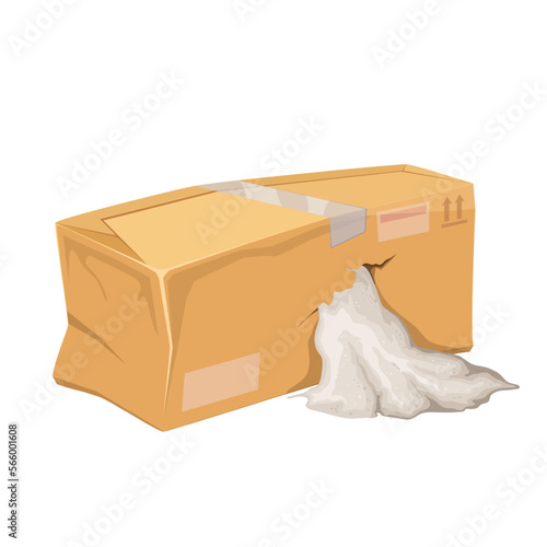 Cardboard torn broken box with leaking bulk product from hole vector illustration. Cartoon isolated carton crushed packaging of warehouse with damage, damaged crumpled wrinkled box with cracks