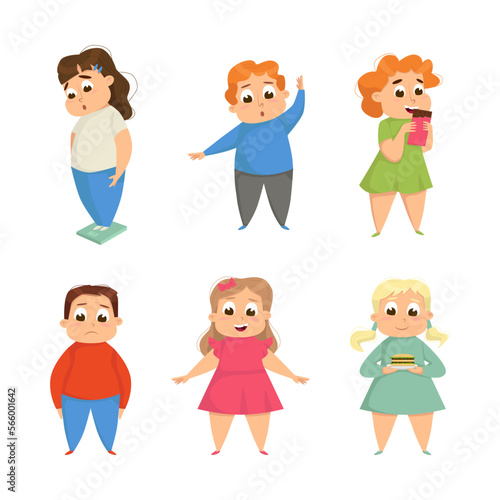 Overweight Chubby Girls and Boys and Cute Plump Kids Characters Vector Set