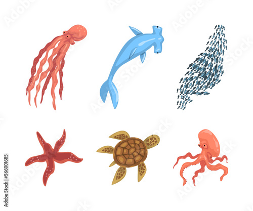 Fish and Marine Mammals as Sea and Underwater World Vector Set