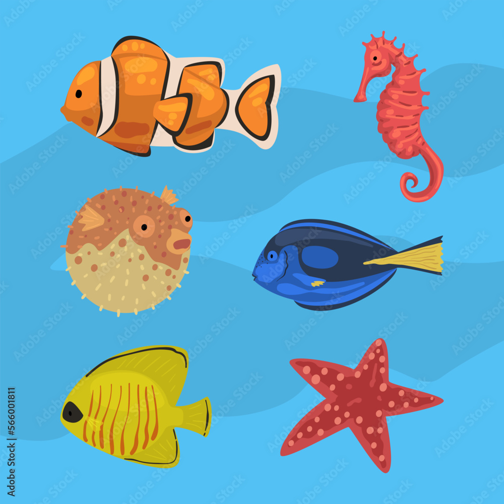 Fish and Marine Mammals as Sea and Underwater World Vector Set