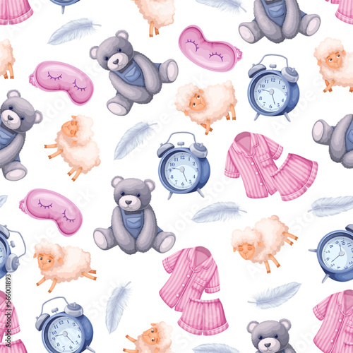 Sweet dreams, time to sleep seamless pattern vector illustration. Cartoon isolated feather from pillow, cute sheep and teddy bear, blindfold mask with eyelashes and sleepwear pyjamas to sleep in bed
