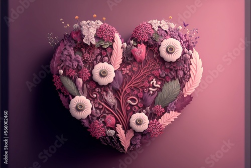 Floral heart Heart of flowers Wedding card Love symbol
on pink background.