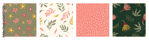 Set of floral seamless patterns. Cute collection with exotic flowers, daisies, leaves, lines, polka dot. Botanical collage in trippy trendy style.