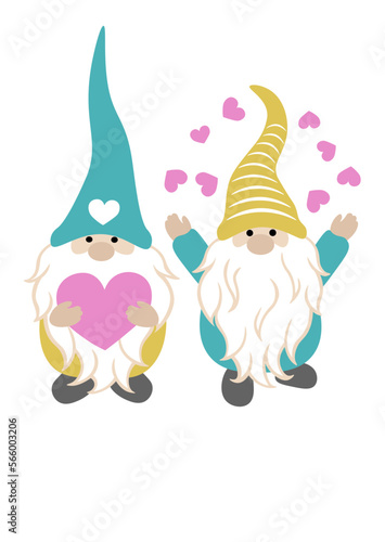 Two gnomes with hearts. Pink and green. Valentine's day design art. Isolated on transparent background.