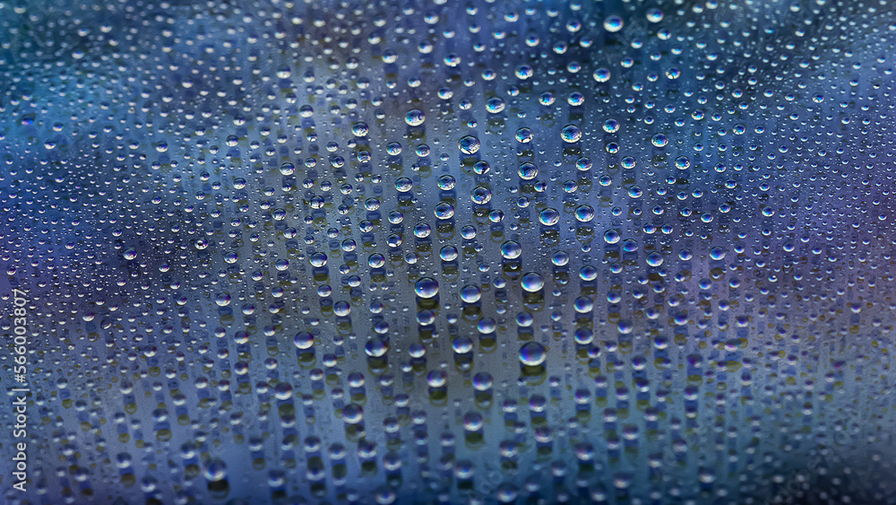 Drops of water. Abstract gradient background. Drop texture. Dark blue gradient. Heavily textured image. Shallow depth of field. Selective focus