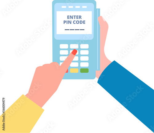 Payment by bank card through terminal. Female hand enter pin code. Shopping and cashless pay. Banking, financial vector concept. Security transaction