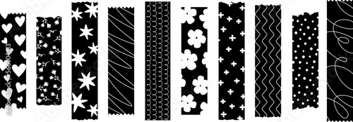 Washi tapes pieces, black and white decor scotch decorative elements. Isolated glue tape with hearts, waves, flowers and stars vector set