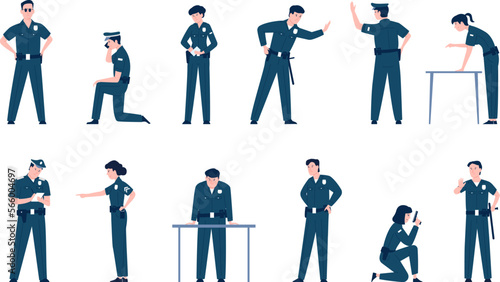 Policeman characters, police agent and security officer. Cop in uniform, guard with gun on work. Isolated patrol policemen recent flat vector set