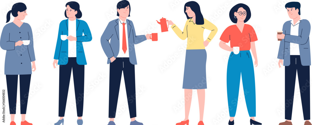Office coffee break, corporate people with cup and teapot. Employee and colleagues, business characters in suits on lunch, recent vector scene