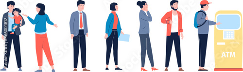 Queue to atm, flat people waiting line to bank cash machine. Person need money or doing payment, cartoon men woman wait recent vector scene