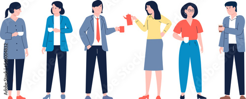 Office coffee break, corporate people with cup and teapot. Employee and colleagues, business characters in suits on lunch, recent vector scene
