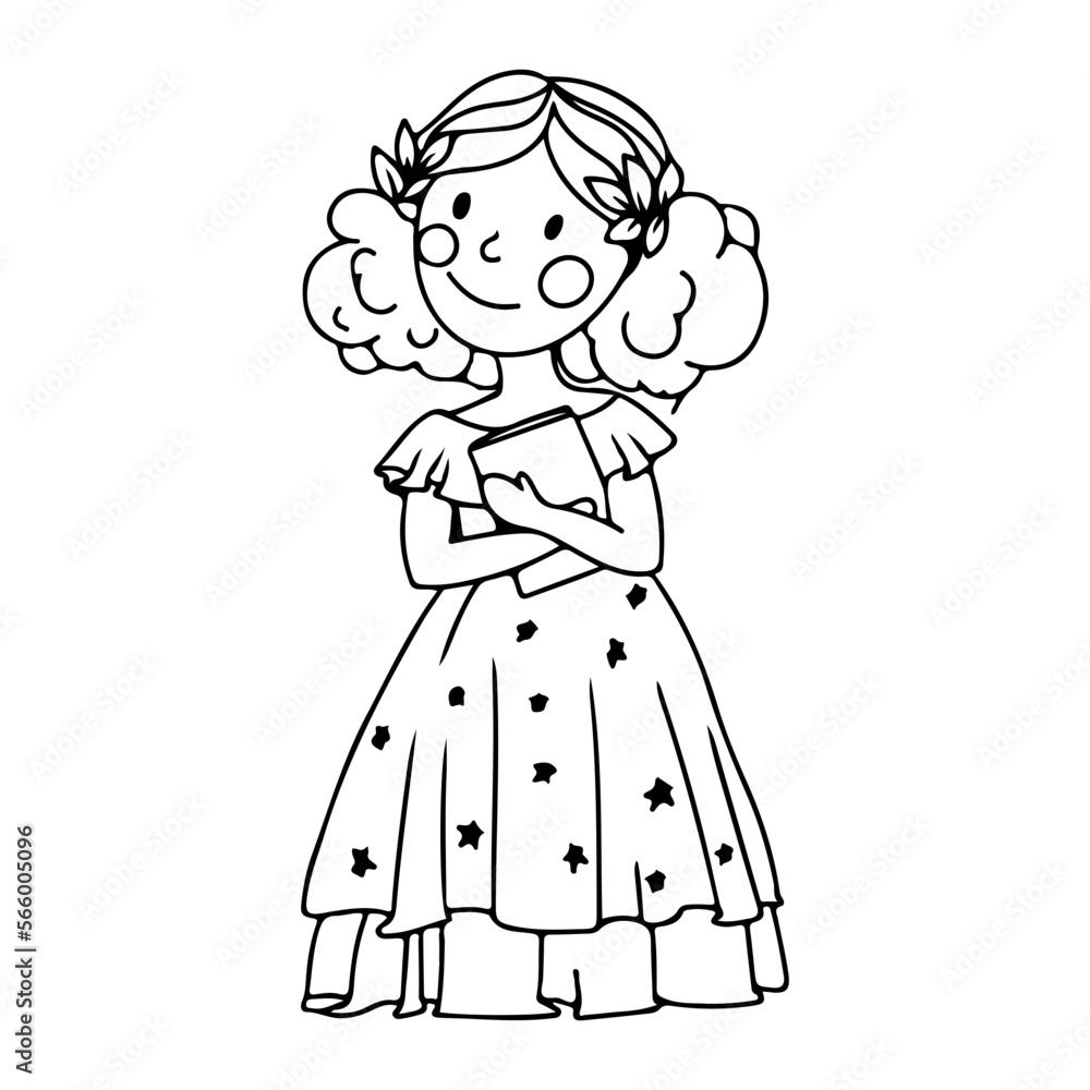 Cute princess in a ball gown. Coloring book A girl in a magical costume. Middle Ages. Vector illustration isolated on white background.