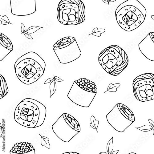 Seamless pattern Set for sushi. Different types of sushi and rolls. Traditional Japanese roll, with tobiko caviar, original with Philadelphia cheese and soy sauce, salmon and king prawns. Vector 