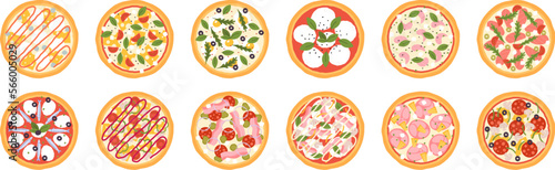 Cartoon pizza icons. Isolated cheesy pizza with sauces, tasty italian cuisine icons. Pizzeria food top view, margherita and pepperoni racy vector set