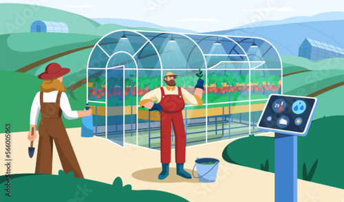 Flat farmer people in greenhouse with control digital wireless device. Smart farm, futuristic technology for growing or watering plants. Agricultural automation with innovation technology management.