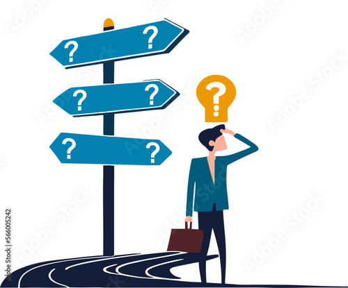 Business decision making, career path, work direction or choose the right way to success concept, confusing man or student looking at crossroad sign with question mark and think which way to go.