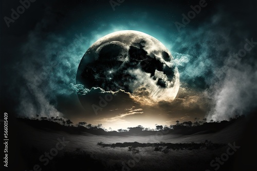 Dark moon in the bright day sky, concept of Nighttime and Contrast, created with Generative AI technology © tookitook