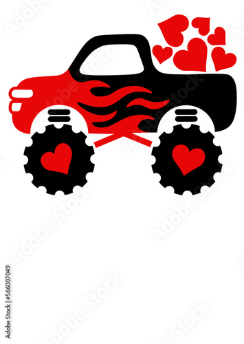 Truck and heart print. Valentine's day art. Isolated on transparent background.