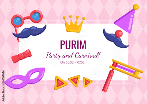 Purim Holiday invitation with copy space and masks, crown, hamantaschen and beanbag on purple background. Vector card, greeting, announcement of party and carnival.