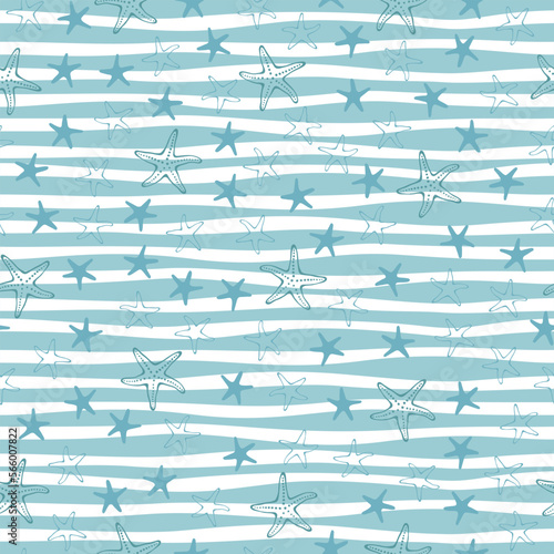 Marine seamless pattern. Starfish on a strip background