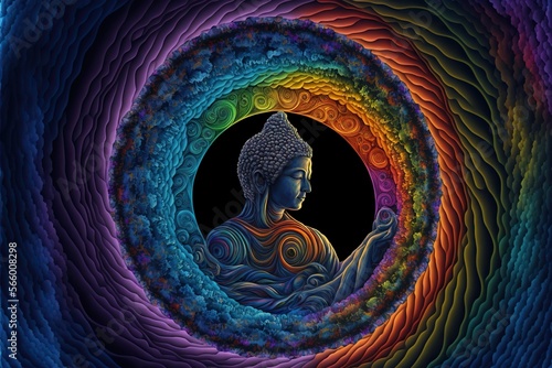 Illustration of Buddha in a circle of rainbows illustration generative ai