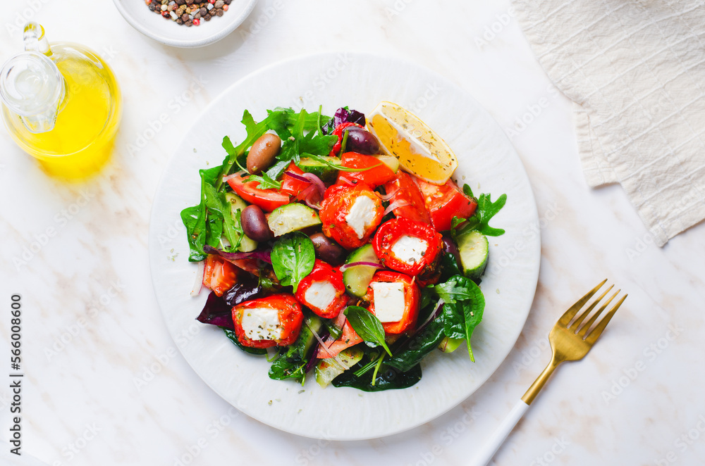 Greek Salad, Fresh Salad with Feta Cheese and Roasted Bell Peppers, Healthy Food Greek Salad, Fresh Salad with Feta Cheese and Roasted Bell Peppers, Healthy Food