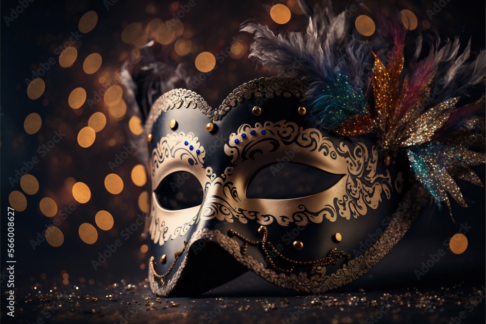 Venetian mask on dark bokeh background. Generative Ai