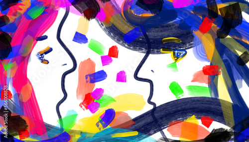 Abstract contemporary art collage portrait of a woman and a man painted with a white brush. Conversation and mental sensations in the background.