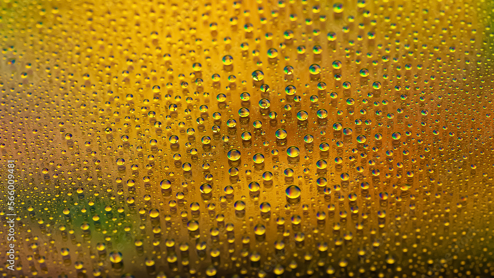 Water drops. Abstract gradient background. Droplet texture. Yellow gradient. Heavily textured image. Shallow depth of field. Selective focus
