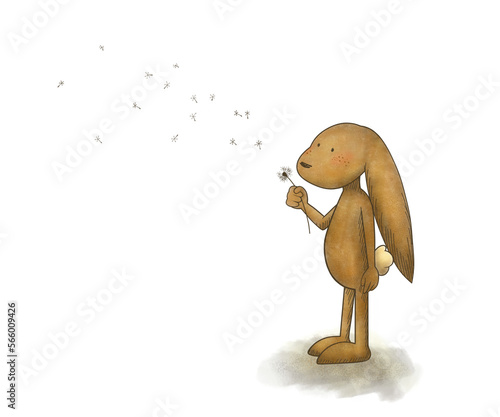 The cute bunny holding a dandelion scattering in the wind.
