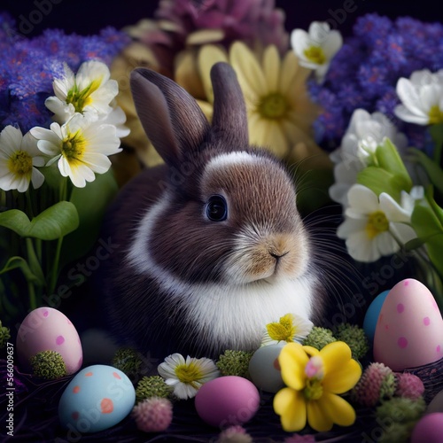 Easter bunny surrounded by easter eggs and flowers, generative ai © AI BLONDY