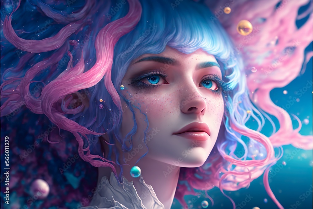 Close up of underwater beautiful anime girl that has blue and pink hair with blue eyes with bangs hairstyle. Generative ai technology. Close up of underwater beautiful anime girl that has blue and pink hair with blue eyes with bangs hairstyle. Generative ai technology.