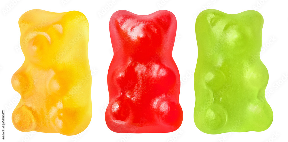 Set of yellow, red and green jelly gummy bears, cut out Set of yellow, red and green jelly gummy bears, cut out