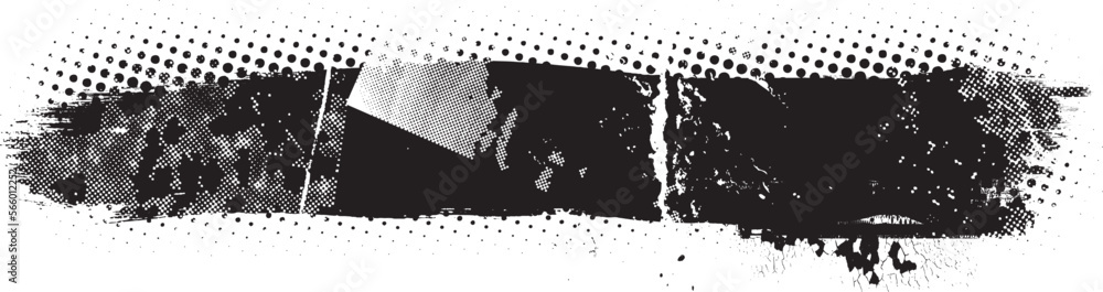 Grunge Paint stripe . Vector brush Stroke . Distressed banner . Black isolated paintbrush collection . Modern Textured shape . Dry border in Black . Halftone dots