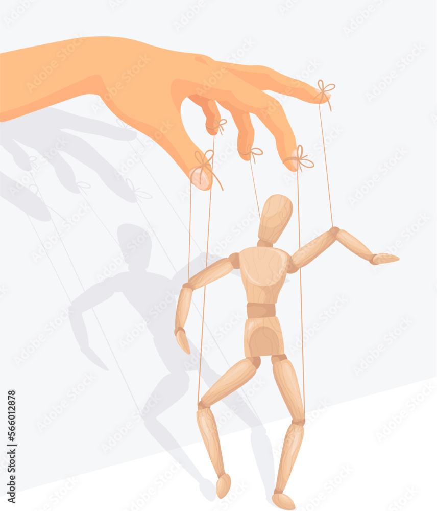 Vettoriale Stock Puppet master hand. Marionette control strings on  puppeteer hands, puppeteers manipulate wooden man puppet toy at thread,  psychology | Adobe Stock