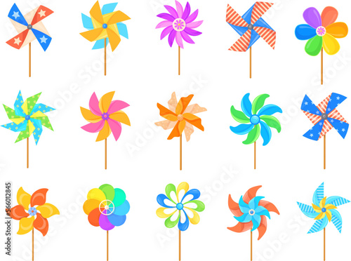 Cartoon pinwheel. Paper propller kid toy, set color windmills baby joy wind mill summer weather, breeze wheel child color whirligig spinner