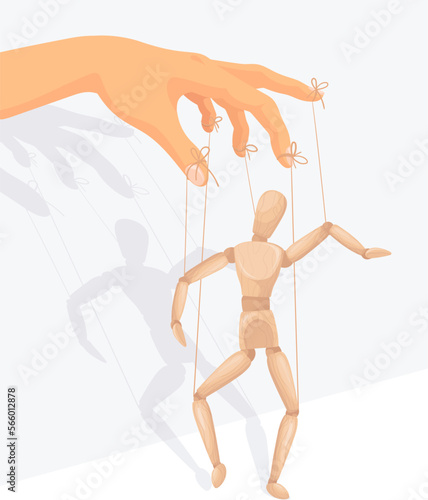 Puppet master hand. Marionette control strings on puppeteer hands, puppeteers manipulate wooden man puppet toy at thread, psychology