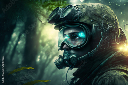 Das Porträt eines futuristischen Soldaten, der mit einer Schutzmaske alleine getrant im Dschungel unterwegs ist -mit AI erstellt