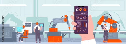 Smartphone factory control. Smart digital iot communications in mobile app, manufacturing revolution automation system phone operator device monitoring splendid vector illustration
