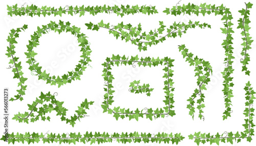 Ivy creepers. Climbing leaves vines on wall balcony hanging creeper, long vine plant wreath garland green leaf corner flora border garden liana ivies ingenious vector illustration