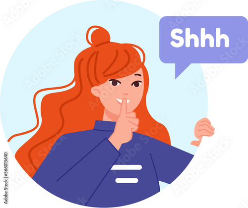 Silence expression. Calm woman ask for quiet and not talking, shh hand gesture girl portret keep secret concept, hush shushing silent lady shhh noiseless person vector illustration