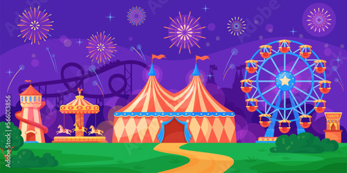 Night fairground. Outdoor funfair carnival, amusement park with colorful neon attraction carousel ferris wheel rollercoaster fun fair festival background, neat vector illustration