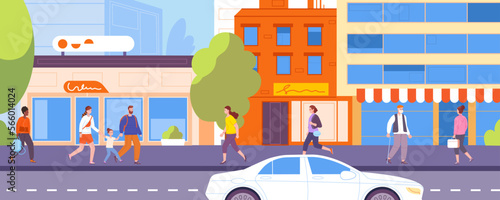People walking cityscape. Citizens neighborhood urban lifestyle, group shopping on street building background with sidewalk, pedestrian outdooring walk splendid vector illustration