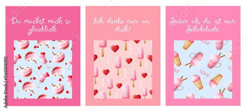 Romantic phrases in German for valentine's day. Set of cute postcards in cartoon style. Vector illustration