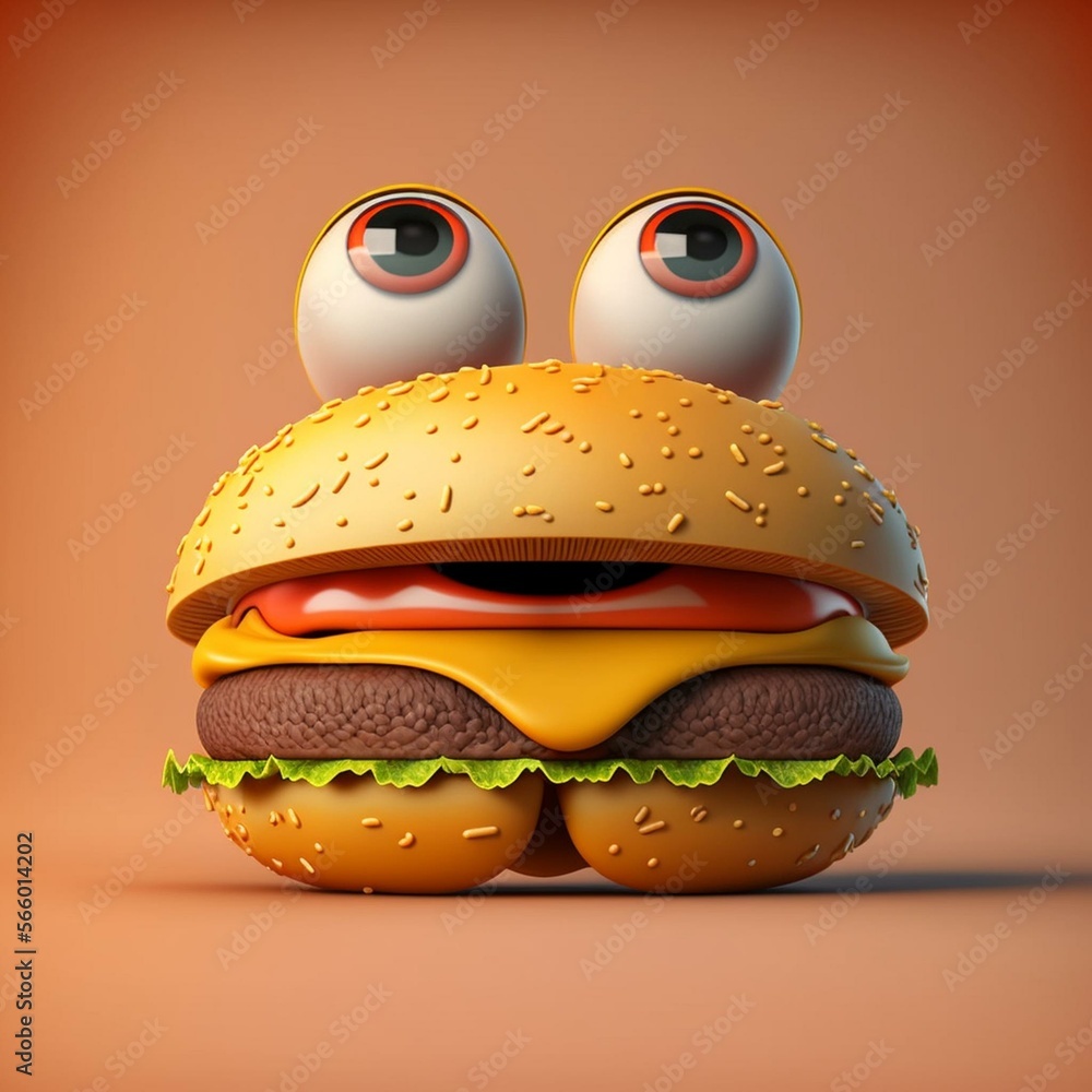 Cute Animated Cheesburger, Generative AI, Foodanimation. Cute Animated Cheesburger, Generative AI, Foodanimation.