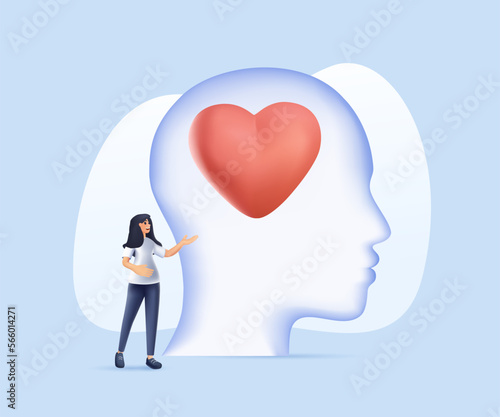 3D healthy mentality and self care illustration. Feeling confident and strong. Yoga and meditation banner. Happy woman feel confident, relax, accept love herself. Selfcare acceptance vector 3d render