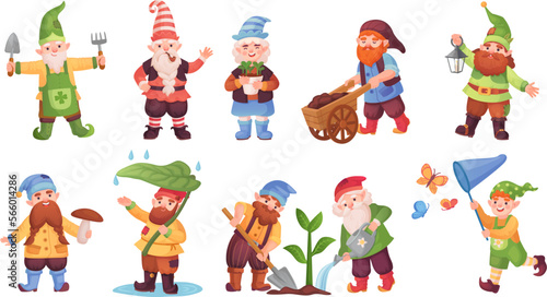 Garden dwarfs. Cartoon elf fantasy game, magical gnome fairy small male creatures figure, funny dwarf character gnomes statues gardening