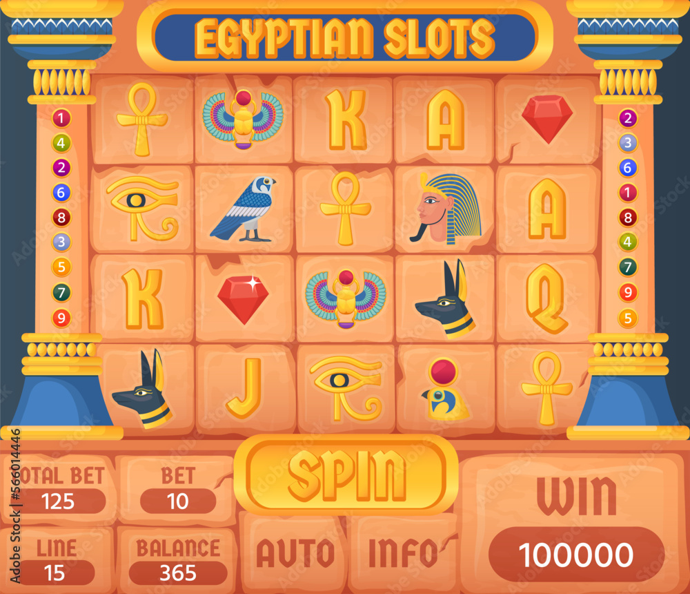 Obraz premium Egyptian slots. Game casino slot frame in ancient egypt civilization style, pharaoh history symbol background texture with gold jewelry icon elements, ingenious vector illustration