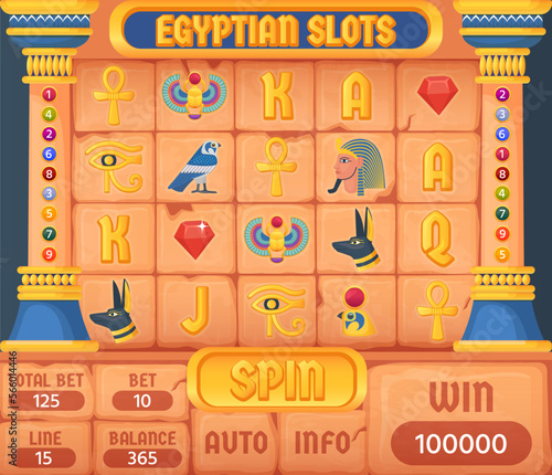 Egyptian slots. Game casino slot frame in ancient egypt civilization style, pharaoh history symbol background texture with gold jewelry icon elements, ingenious vector illustration